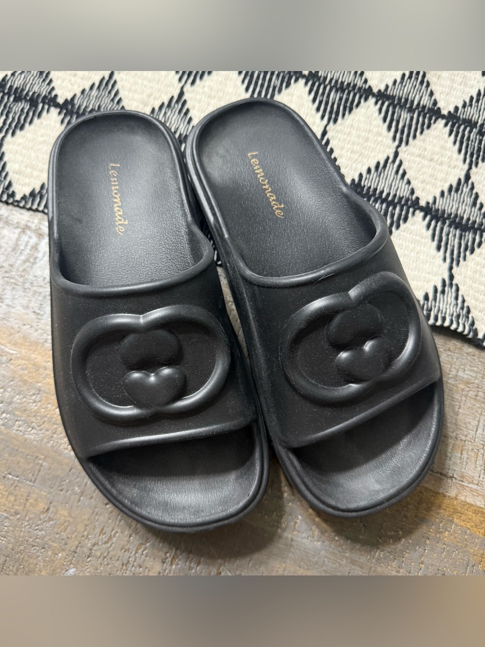 Lemonade Black Slide Sandals with Heart Accent